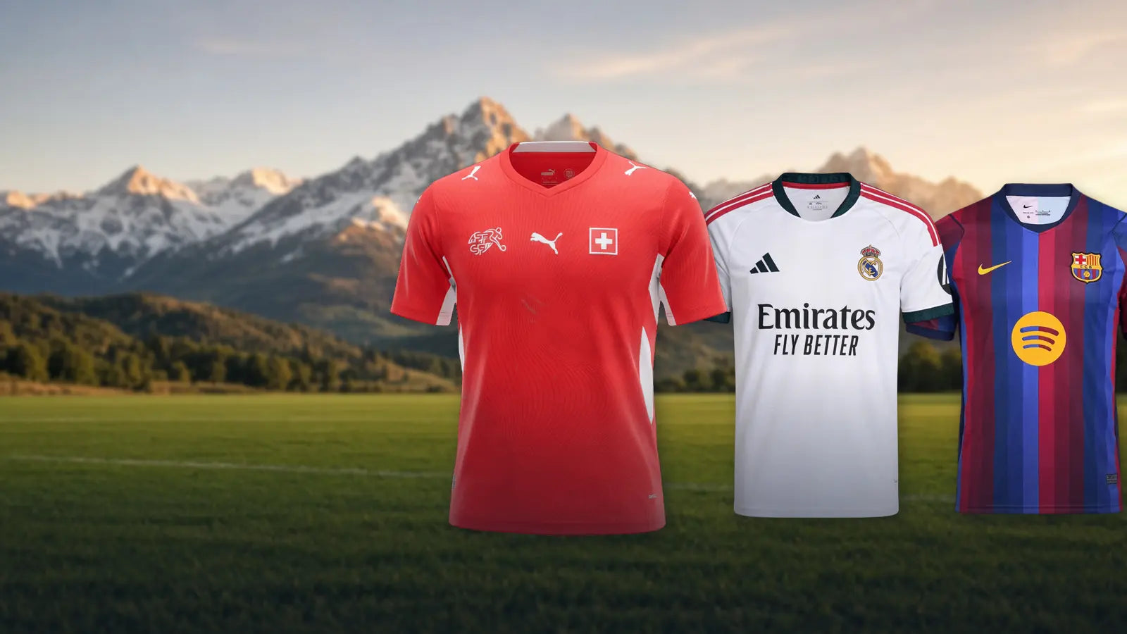 Schweiz Heimtrikot WM 2026, Real Madrid Heimtrikot 2026/27 und Barcelona Heimtrikot 2026/27 vor Bergkulisse